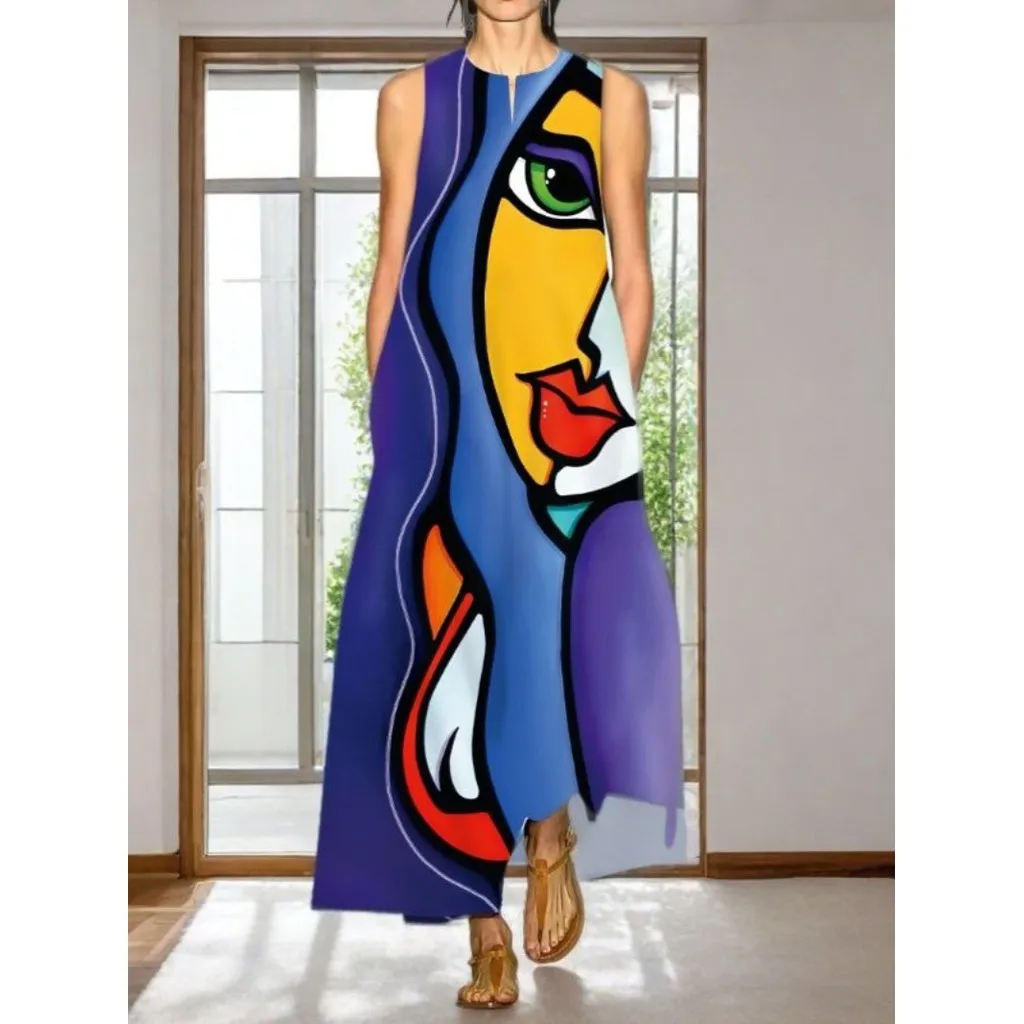 Abstract Print Pocket Loose Long Dress, Bohemian Casual V-neck Sleeveless Dress, Suitable for Spring and Summer, Women's Wear