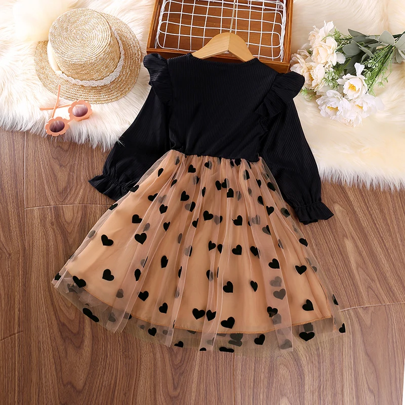 Dress Kids Girls 4-7 Years Black Long Sleeve Knitted Mesh Patchwork Dress For Girls Baby Girls Birthday Party Evening Dress