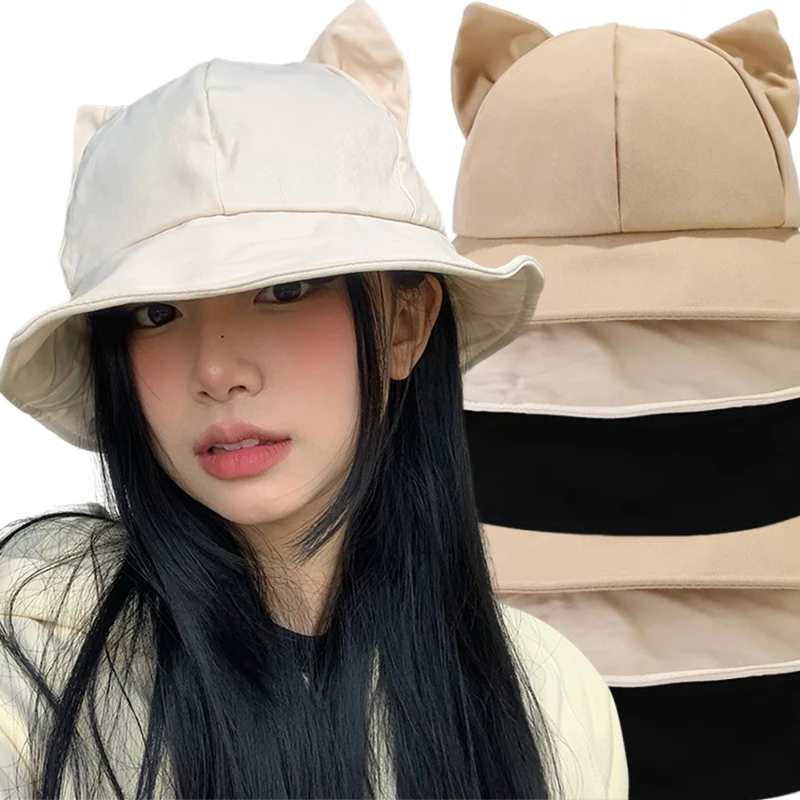 2024 Cartoon Solid Color Cotton Bucket Hat Cute Sweet Cat Ear UV Protection Beach Hat Fisherman Hat Sun Cap Kids Outdoor Travel