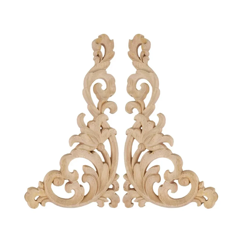 Floral Wood Carved Corner Applique Vintage Unpainted Wooden Carving Decal for Furniture Cabinet Door Frame Wall Home Decor