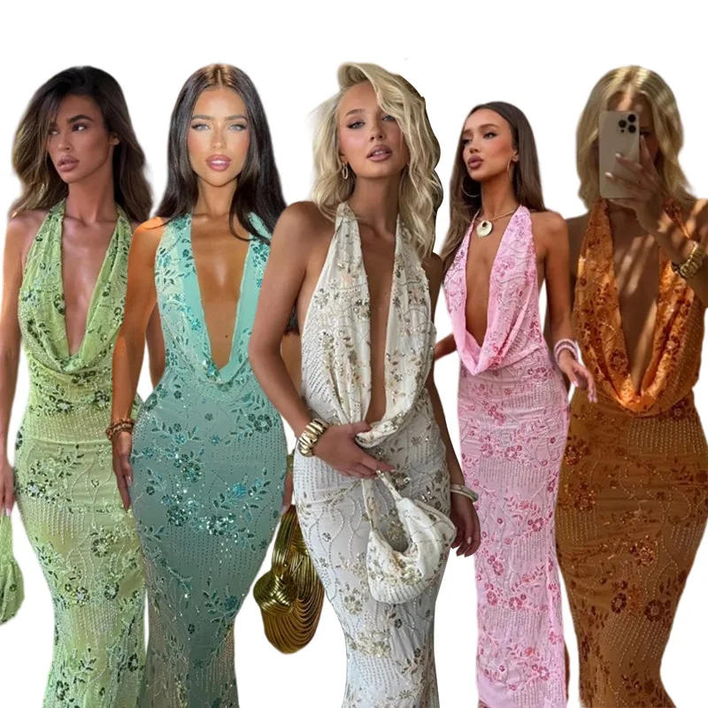 Halter Neck Deep V Floral Lace Maxi Dress Bodycon Evening Party Gown with Cowl Neck Detail