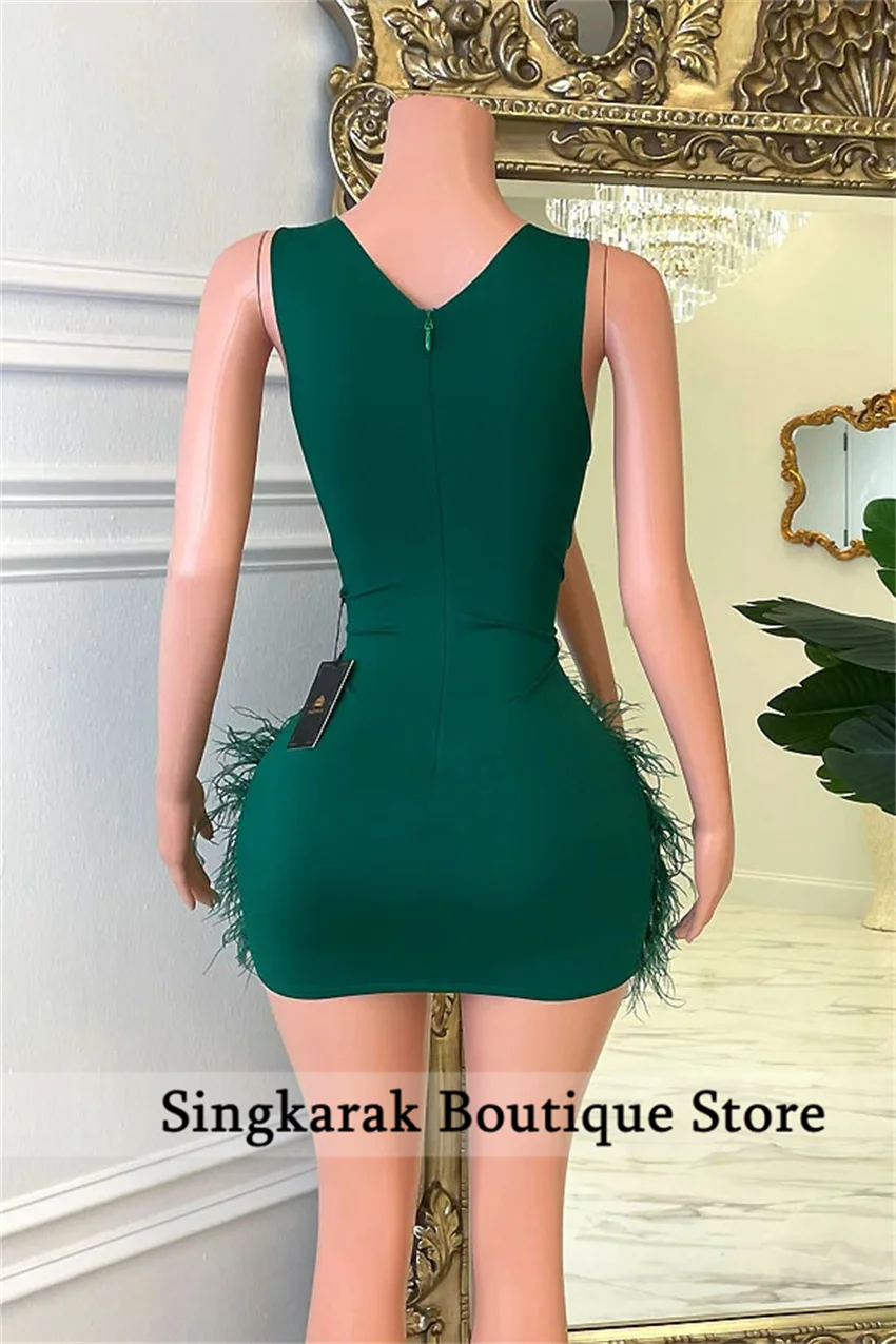 Sparkly Rhinestone Green Cocktail Dresses Luxury Beaded Feather Short Prom Dress Birthday Party Gown Special Occasions Customize view 2