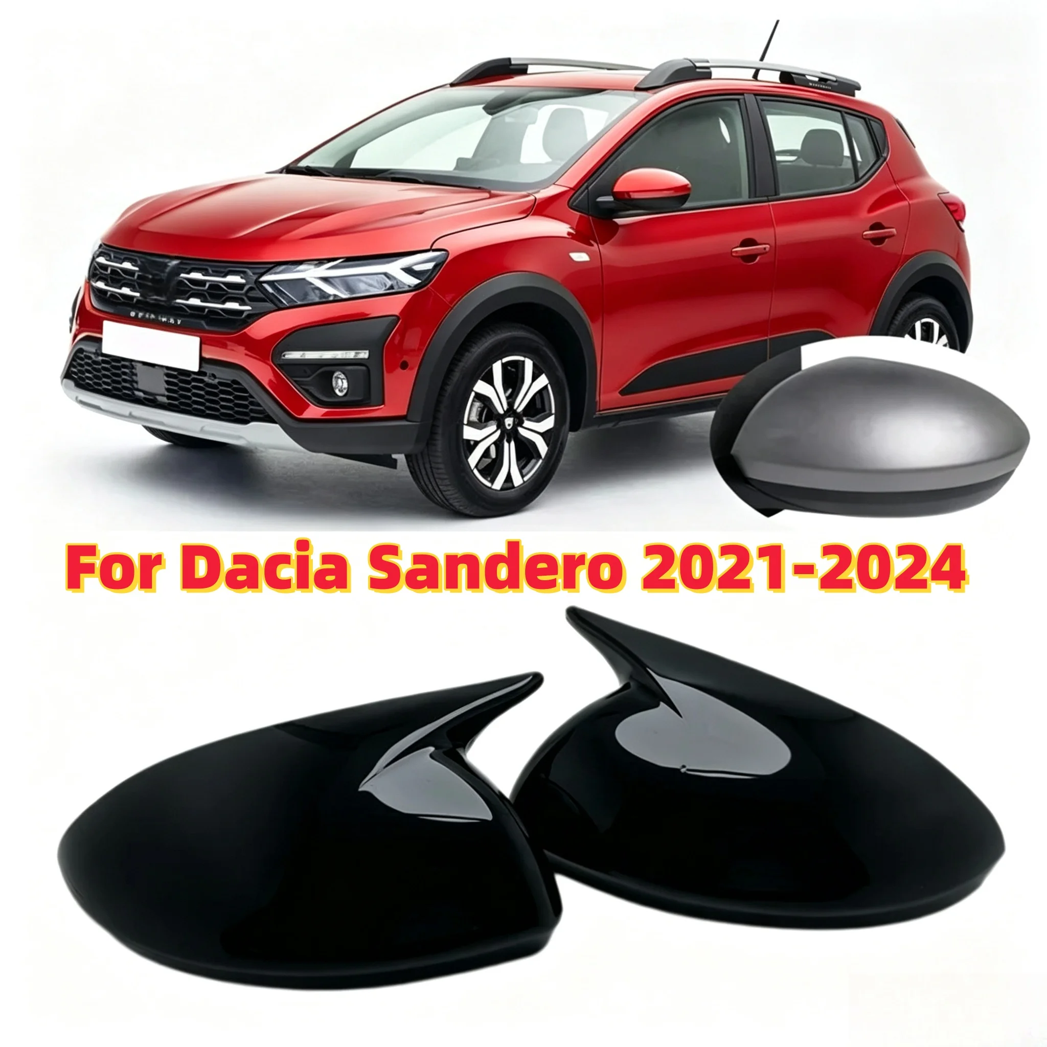 Paar glänzend schwarze/Carbon-Optik Auto-Rückspiegelabdeckungen, Seitenspiegelkappen zum Aufsetzen für Dacia Sandero 2021 2022 2023 2024