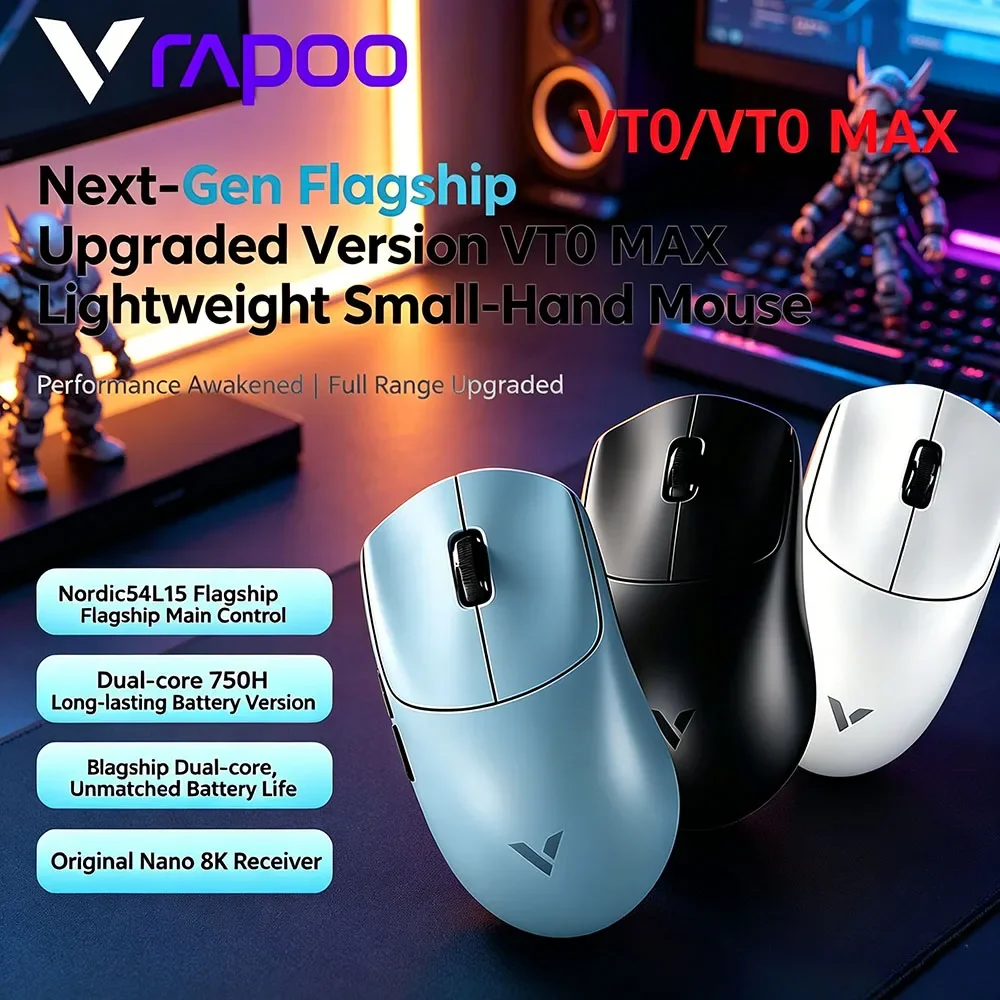

Hot Rapoo VT0 MAX Wireless Gaming Mouse PAW3950 PAW3398 Nordic54L15 Chip Dual 8KHz 45000DPI Ergonomic FPS Gaming Mouse