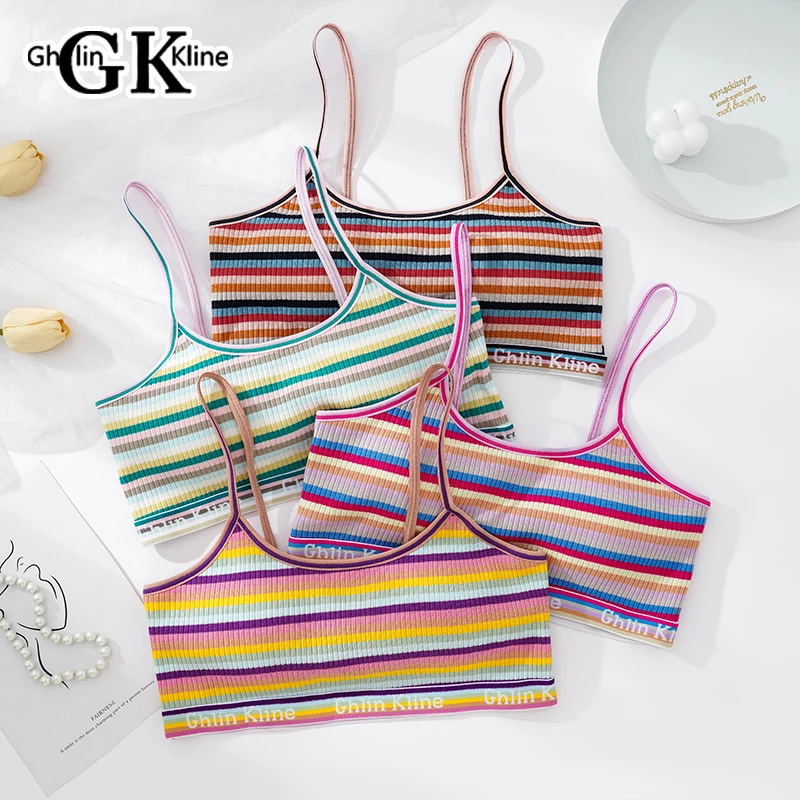 GK Brand New Arrive Colorful Striped Bra for Ladies Thin Shoulder Strap Design Push Up Seamless Front Closure Bralette