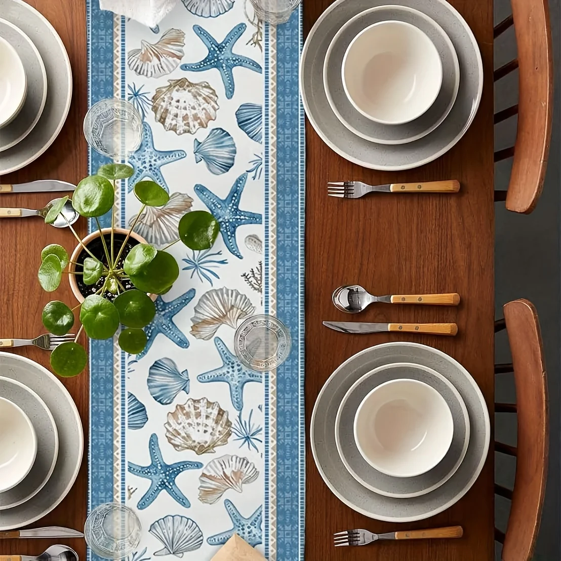 VIKAMA 1pc Linen Table Runner Summer Ocean Starfish Seashell Coral Blue Geometric Stripes Design Dining Table Decor  Party Home