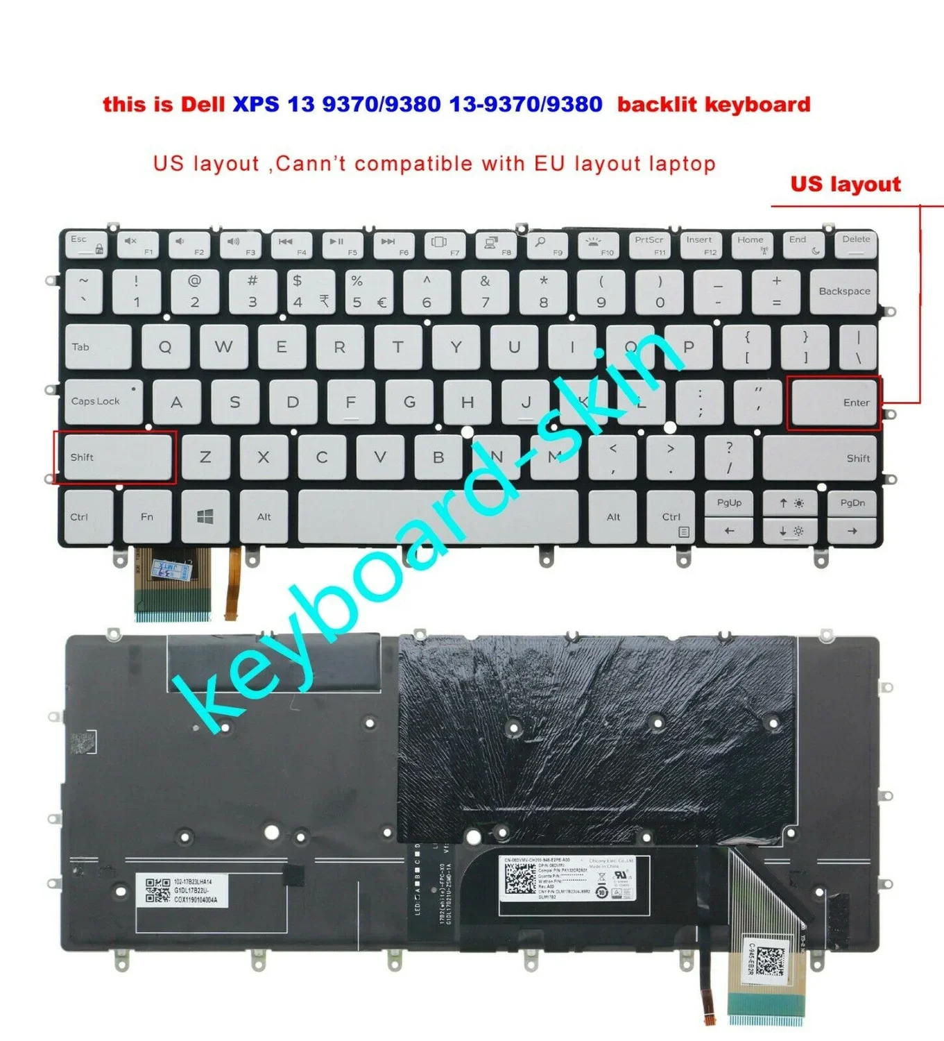 New US Backlit white Keyboard  for Dell XPS 13-9370/9380,13-9370 13-9380 series laptop