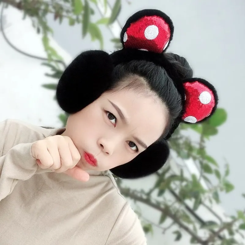 겨울에 여성을위한 디즈니 귀마개 따뜻한 어린이 중형 성인 귀마개 두꺼운 플러시 만화 미키 귀마개 접이식 스타일