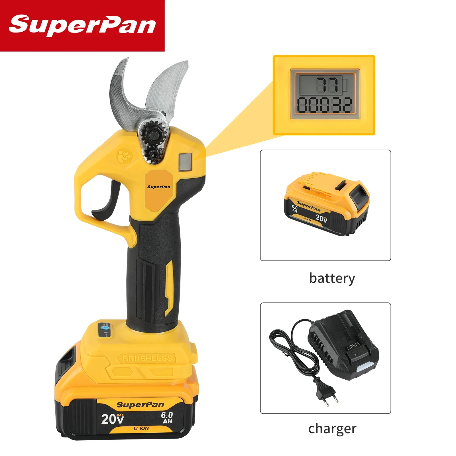 

SuperPan Cordless Electric Pruner Shears Cutter for Garden Orchard Pruning Work for dewalt 20V battery pin