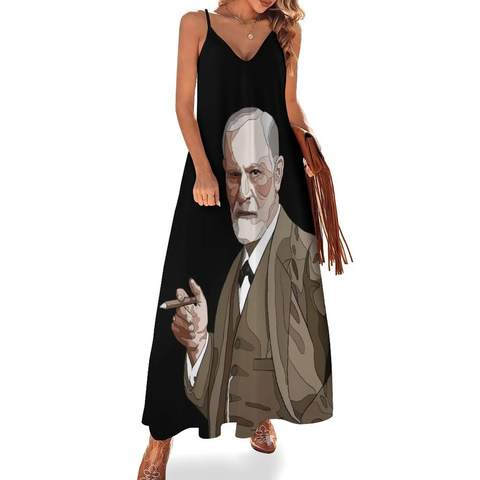 Illustration of Sigmund Freud - founder of psychoanalysis / psychology Sleeveless Long Dress beach outfits for women Dress