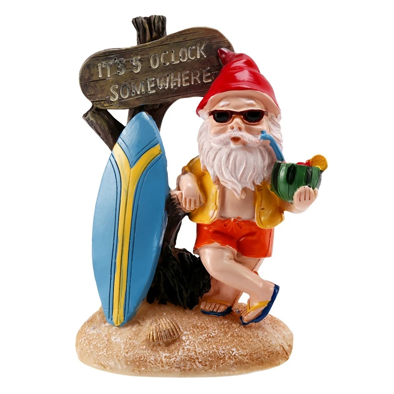 Resin Funny Gnome Figurines With Surfboard Welcome Sign It's 5 O'clock Somewhere Statue For Home Garden Yard Decoration-AT95