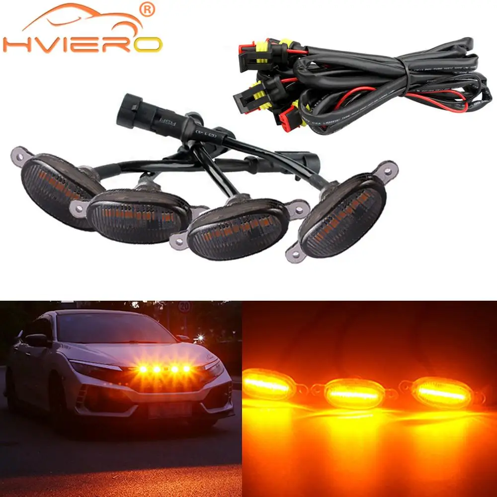 4X Car Grille Light Waterproof Multipurpose 6Led Yellow Daytime Running Lamp Decorative Warning Signal Pickup Truck Haze Control