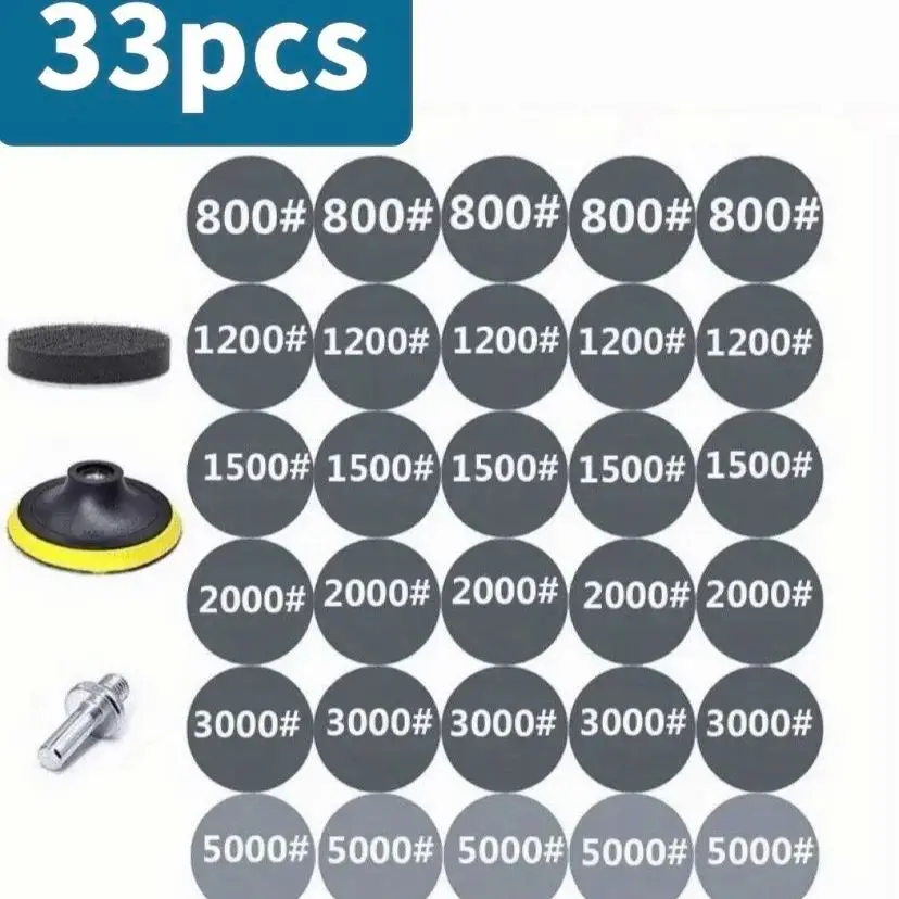 33/32pcs Round Wet Sanding Sheet Sanding Discs Pad Dry Polishing Sandpaper for Car Detailing Headlight Restoration Grinder Acces