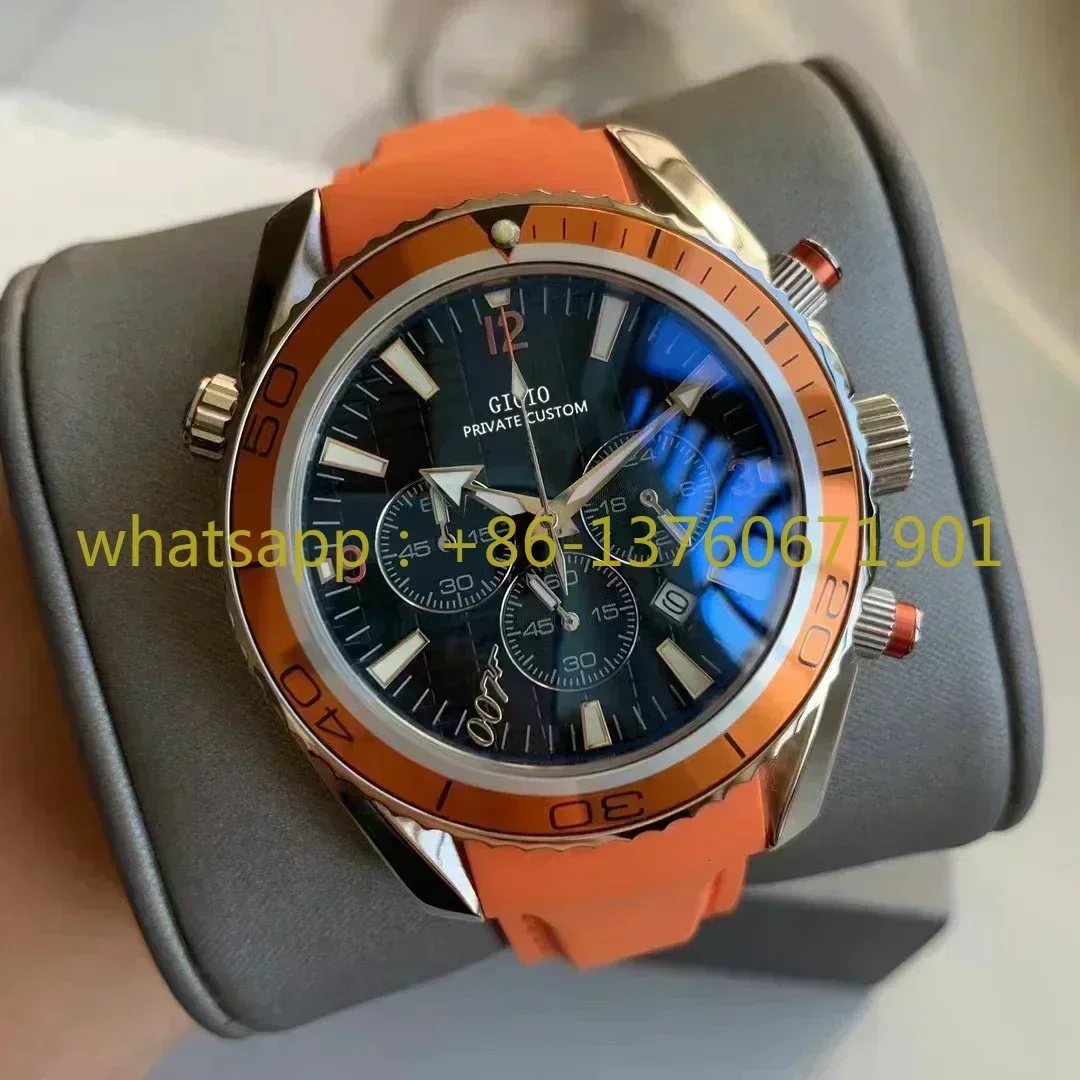 Luxury New Mens Quartz Chronograph Watch Stainless Steel Black Blue Orange Strap Sapphire 007 Watches