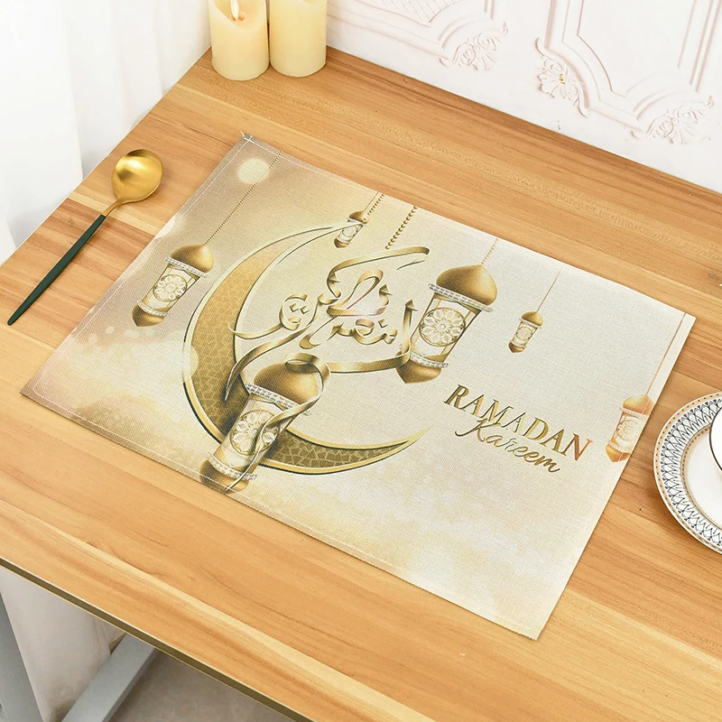 42x32cm Ramadan Linen Placemat Eid Mubarak Dining Table Mats Bowl Coffee Cup Pad Mat 2025 Muslim Islam Party Decoration Supplies