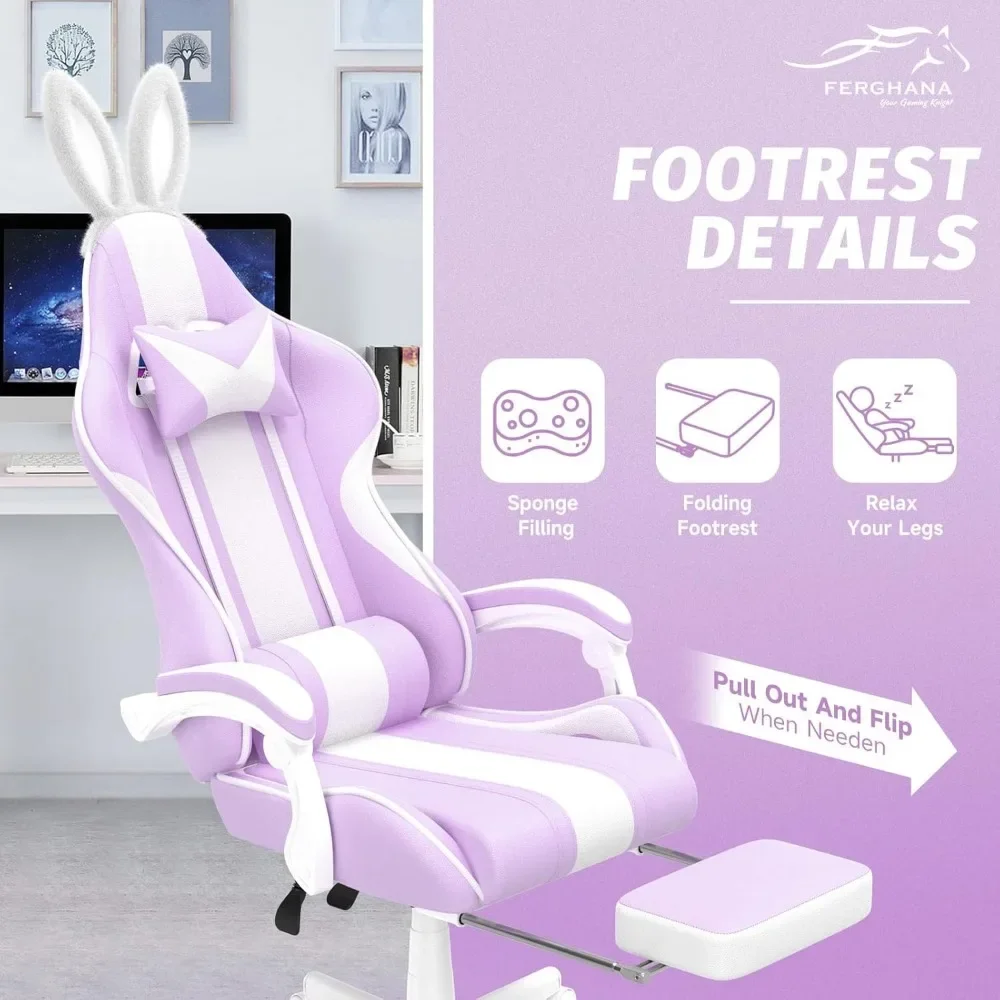 Silla Gaming Kawaii de color púrpura claro con Orejas de conejo, sillón Gamer ergonómico bonito con reposapiés y masaje, cuero reclinable de carreras