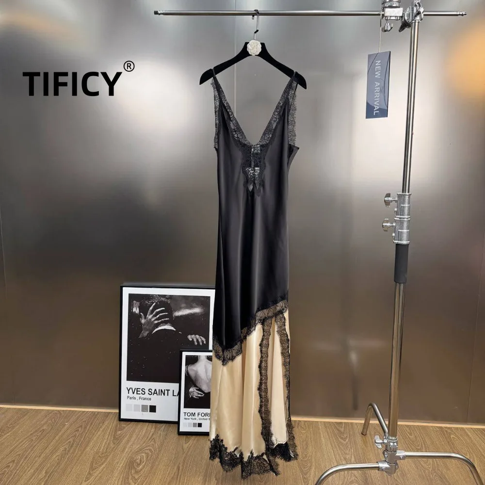 

High Street Dress Women's Spring and Summer New French Retro Lace Patchwork Satin Camisole Streetwear Sexy Party Dress