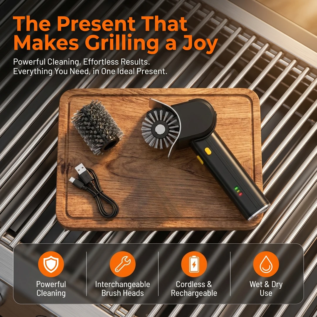 Rechargeable Electric BBQ Brush Stainless Steel Wire Roller Cordless Outdoor Grill Cleaning Brush For Camping Party Backyard BBQ