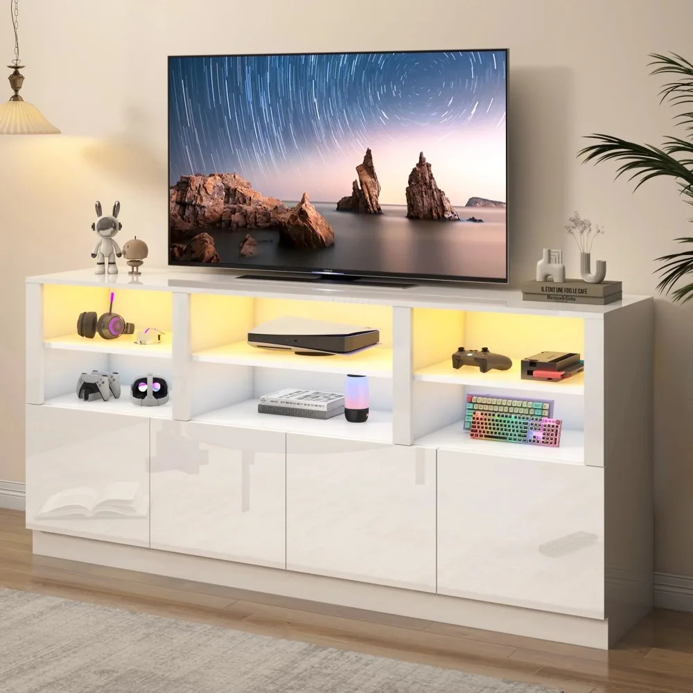 

Modern Glossy Gaming TV Console Table, LED TV Stand for 75" 80" 85" TV, with 4 Door Storage