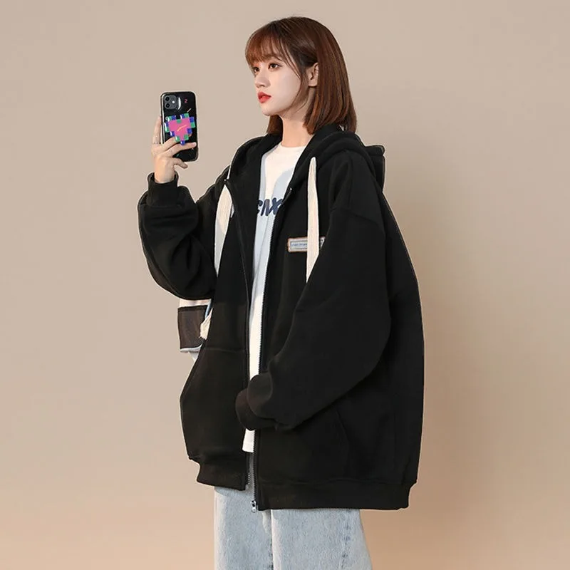 سترة بغطاء للرأس بسحاب كامل للنساء ملابس الشارع الكورية Y2k الأساسية 2025 الاتجاه امرأة سوداء مقنعين القمم سترة البيسبول