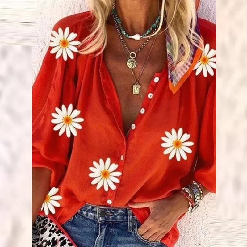 Camisa con estampado de flores para mujer, blusas informales con botones, blusas elegantes para primavera y verano, 2024