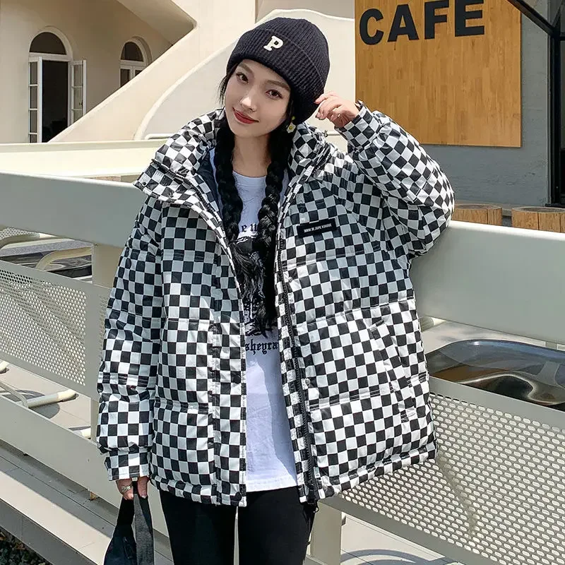 oversize bread coat plaid reversible down cotton coat women\'s 2023 new autumn and winter coat thick plaid cotton jacket