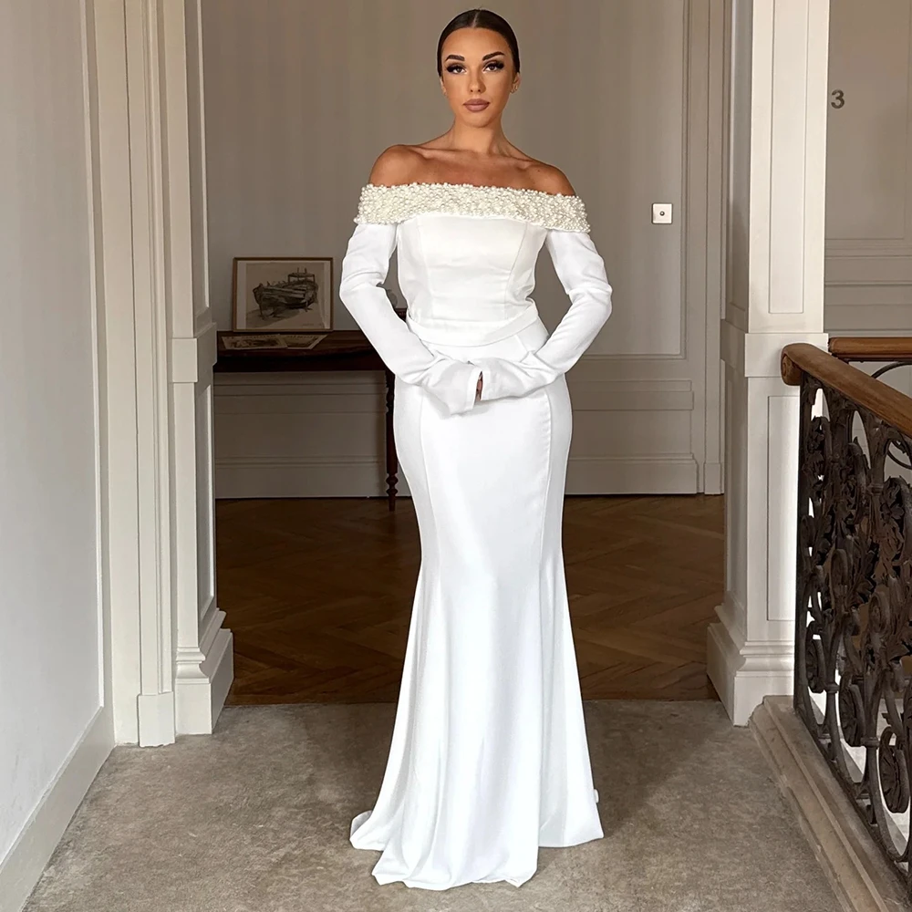 

Modern Beading Strapless Mermaid Wedding Dress Customized Women Off the Shoulder Jersey Long Sleeved Bridal Dress Zipepr Back
