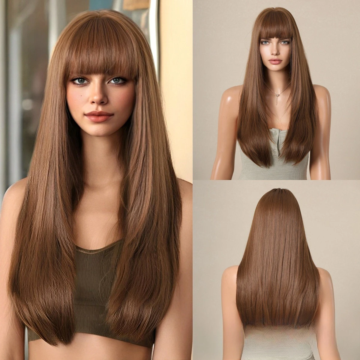 

Wig female full head long hair brown dyeing fashionable Qi bangs long straight hair domestic silk natural fluffy