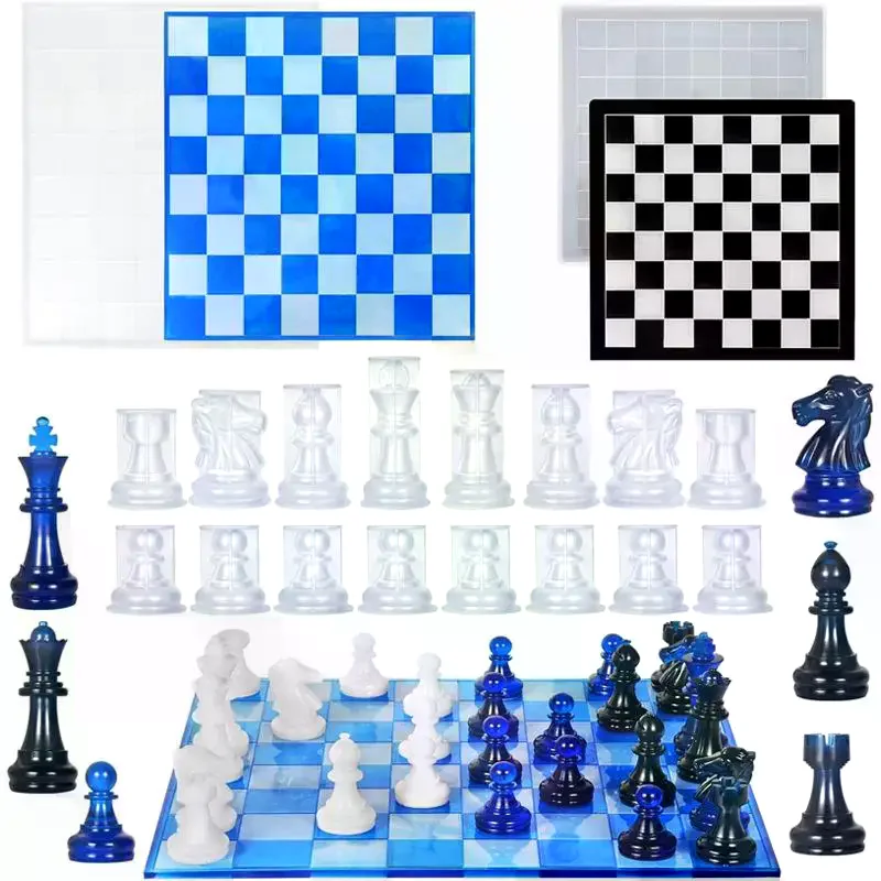 Resin Chess Set Mold With Chess Board Silicone Resin Molds 3D Silicone Chess Resin Mold For DIY Crafts Making Birthday Gift