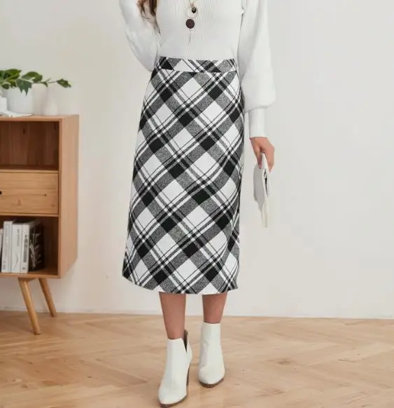 2025 ريترو موضة مزاجه منقوشة تنورة الخريف المرأة النمط الكلاسيكي المألوف سليم صالح عالية الخصر الدافئة ألف خط تنورة طويلة