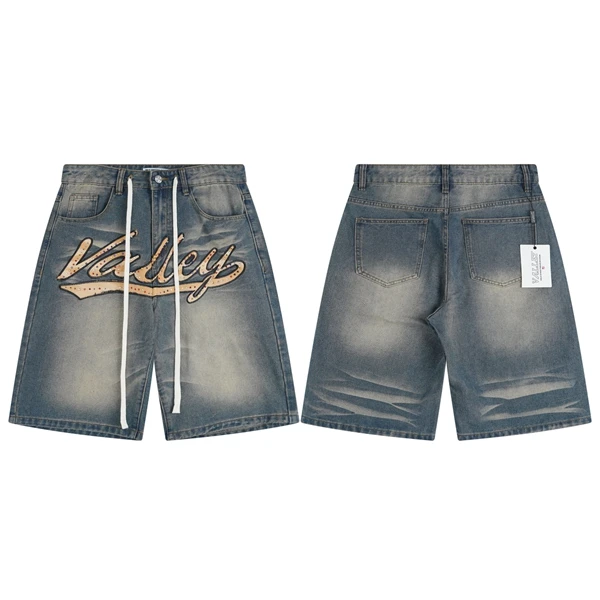 

Летняя джинсовая вышивка с V-образным вырезом в стиле пэчворк, мужские и женские прямые брюки, пятиминутные вещи, свободный крой High Street