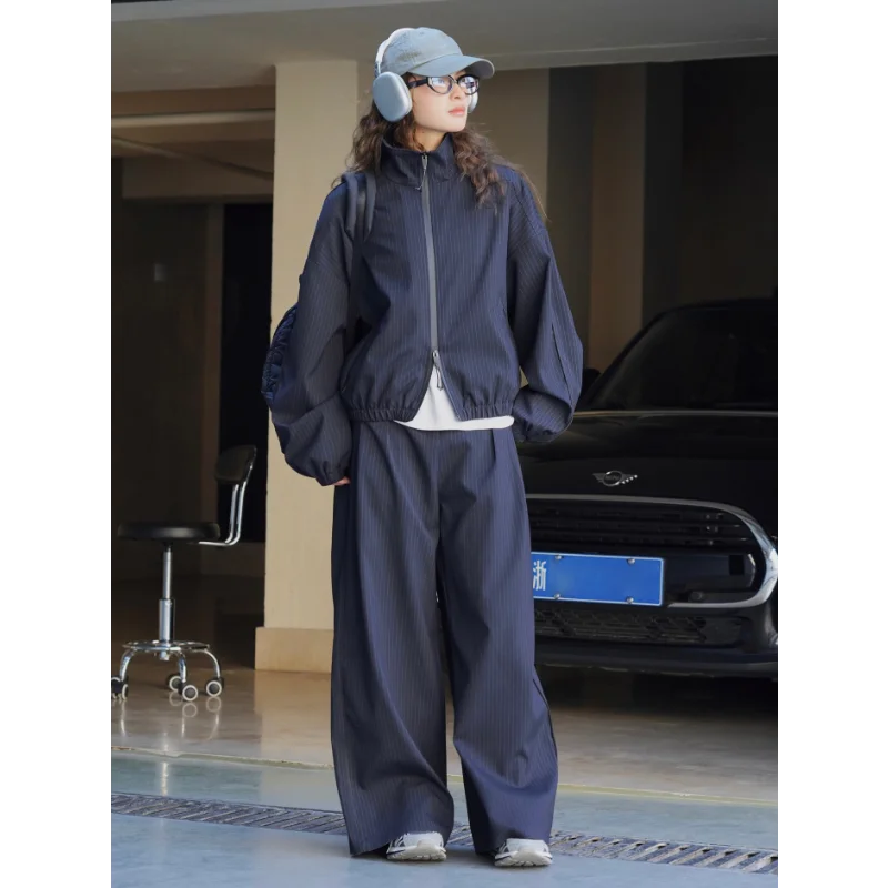 Spring 2024 Casual Striped Jackets Women Zipper Stand Collar Windproof Crisp Loose Slim Coats Navy Blue Grey Famale Clothing