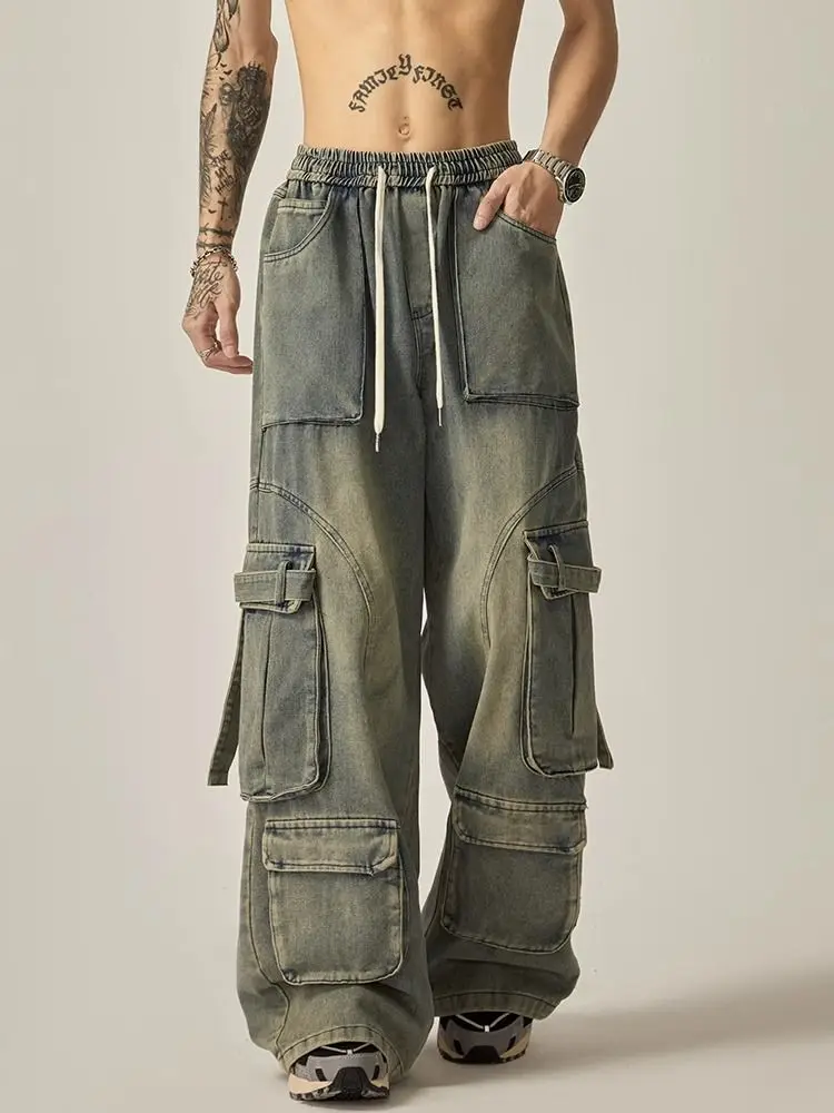 2024 New High Street Summer Retro Washed Straight Tube Workwear Jeans Pockets for Men and Women Casual Loose American Pants y2k