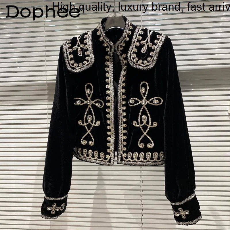 

Diamond Socialite Court Black Coat Jacket Women Vintage Weave Velvet Crop Coats OuterWear 2023 Autumn and Winter Fashion Clothes