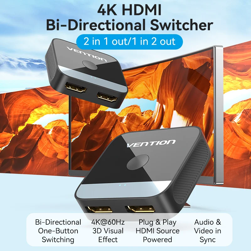 Vention HDMI 2.0 Bidirectional Switcher 2x1/1x2 Matrix Switcher 4K@60Hz HDR Plug and Play Selector for PS5 Xbox Laptops Monitors