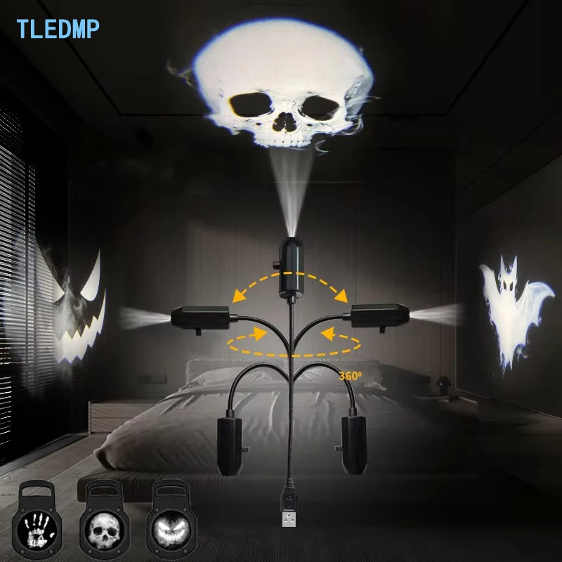 LED Halloween Projector 3 Scary Patterns USB Powered Spooky Window Projector Skull Projection Light for Room Party Wall Ceiling
