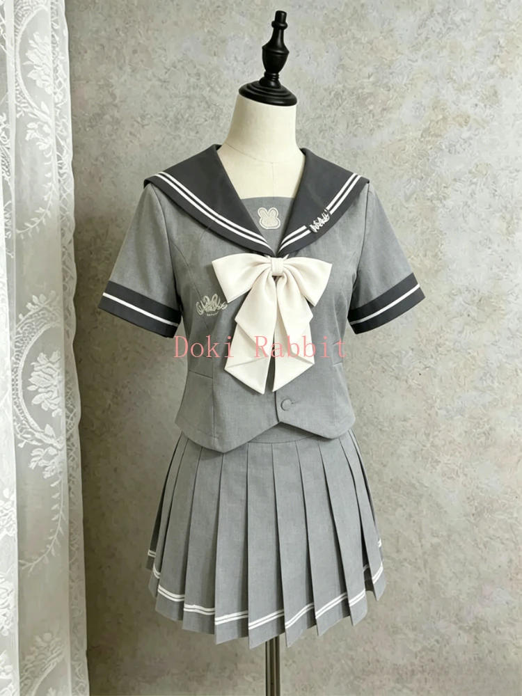 

Японский комплект в стиле Kawaii Preppy: женский костюм из 2 предметов с матросским воротником, бантом и плиссированной юбкой с кроликом, для повседневной носки, кампуса и уличного стиля