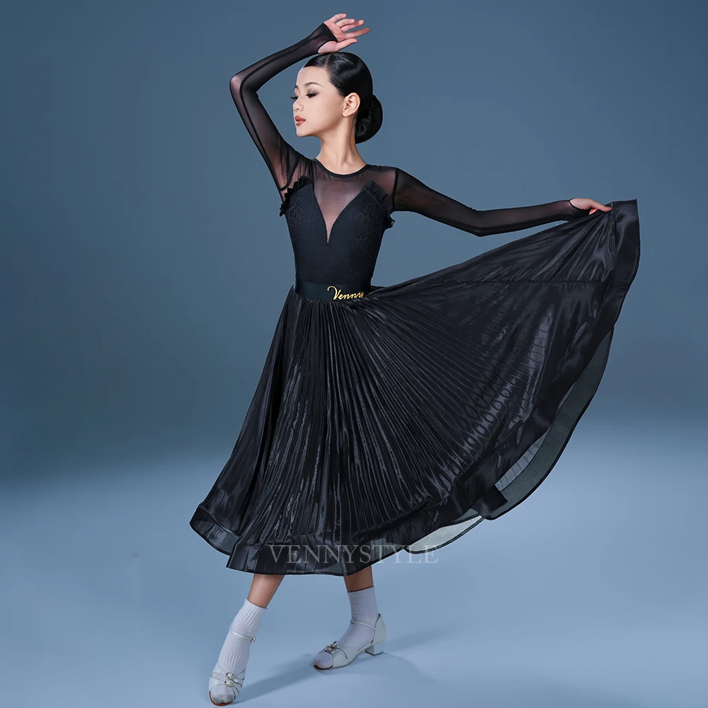 

Vennystyle Latin Dance Costume Girls Ballroom Performance Skirt Long Sleeve Flared Training Half Skirt for Kids Modern Dance