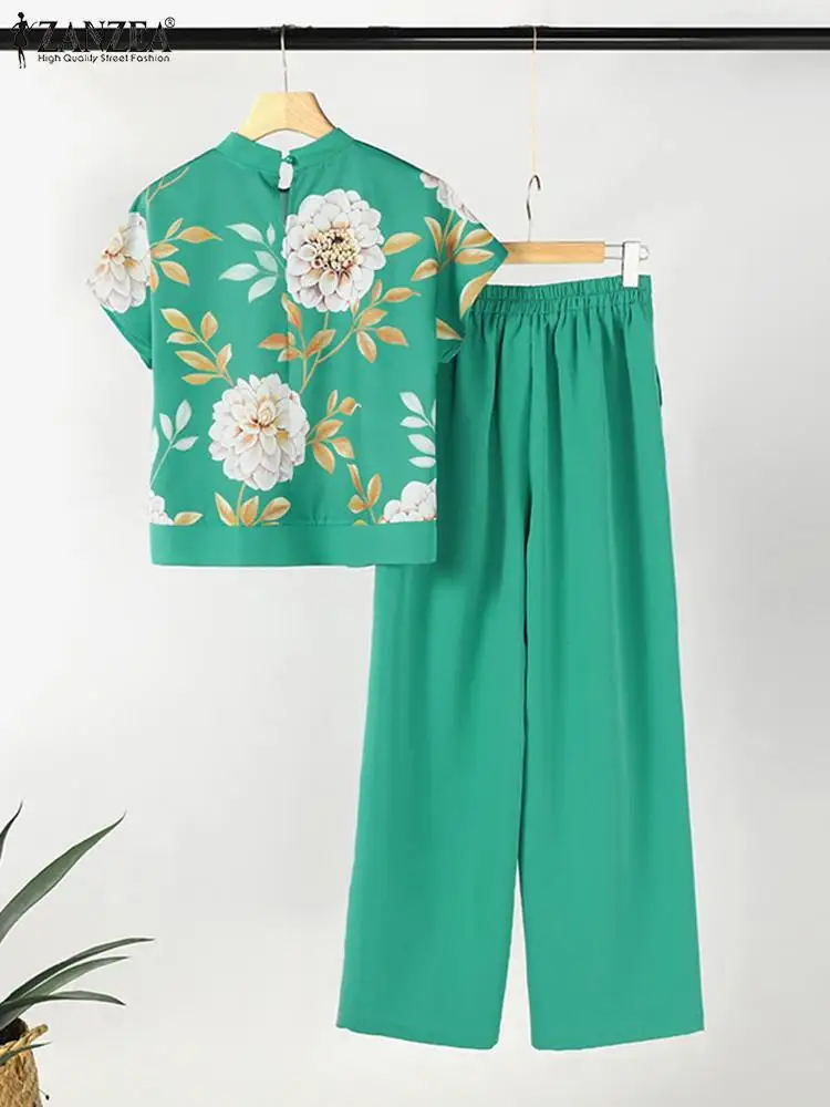 ZANZEA Women Summer 2pcs Outfits Short Sleeve Floral Print Tops Solid Trousers Casual Elegant 2-Piece Sets Daily Loose Pant Sets