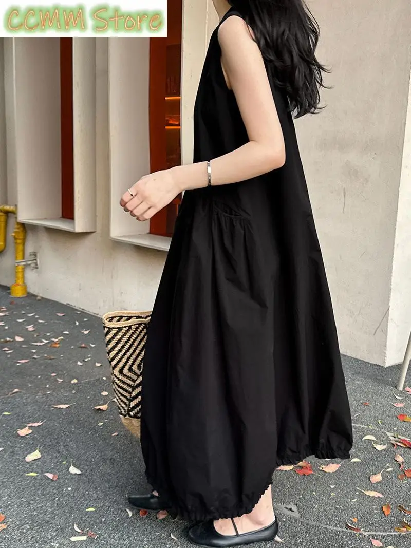 Elegancka sukienka typu tank na lato, luźna, bez rękawów, 100% bawełna, sukienka \"Bud\", Gardenia Biała/Retro Czarna