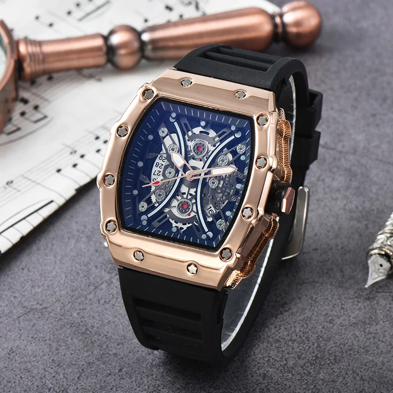 Skeleton Men\'s Watch Fashion Automatic Movement Barrel Luminous Waterproof Clock Sports Male\'s Silicone Strap Quartz Wristwatch
