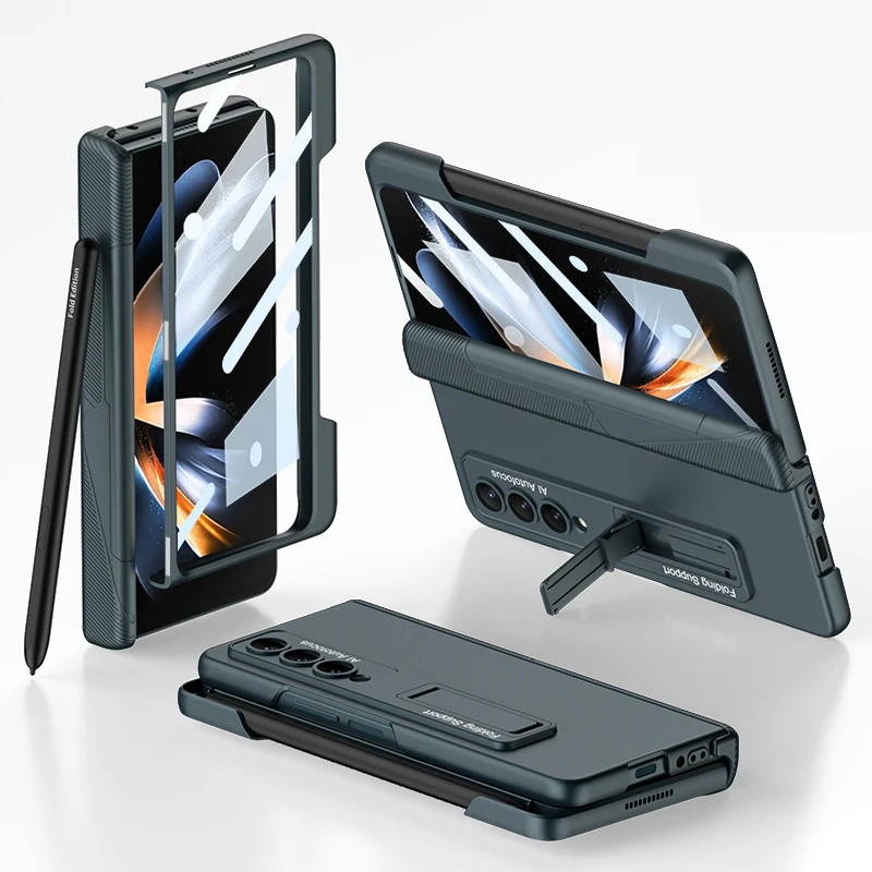 Magnetic Hinge Protection Screen Protector Cover for Samsung Galaxy Z Fold 4 Case with Pen Holder Slot and Stand Bracket 5G