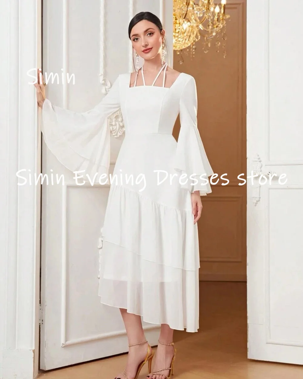 Simin-Robe de soirée en mousseline de soie pour femme, ligne A, col bateau, à volants, longueur de rinçage, élégante, 2023