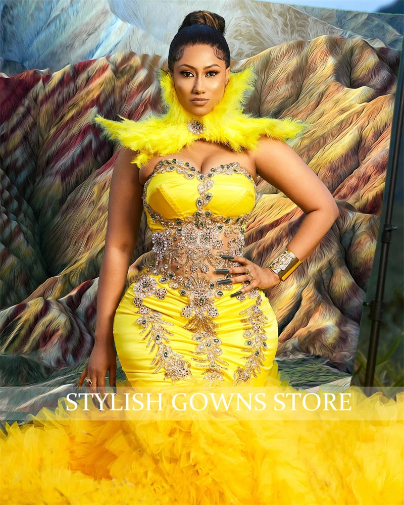 Yellow Sweetheart Evening Gown Feather Neck Birthday Party Gown Bead Crystal Formal Dress Ruffles Robe De Bal Aso Ebi Customized