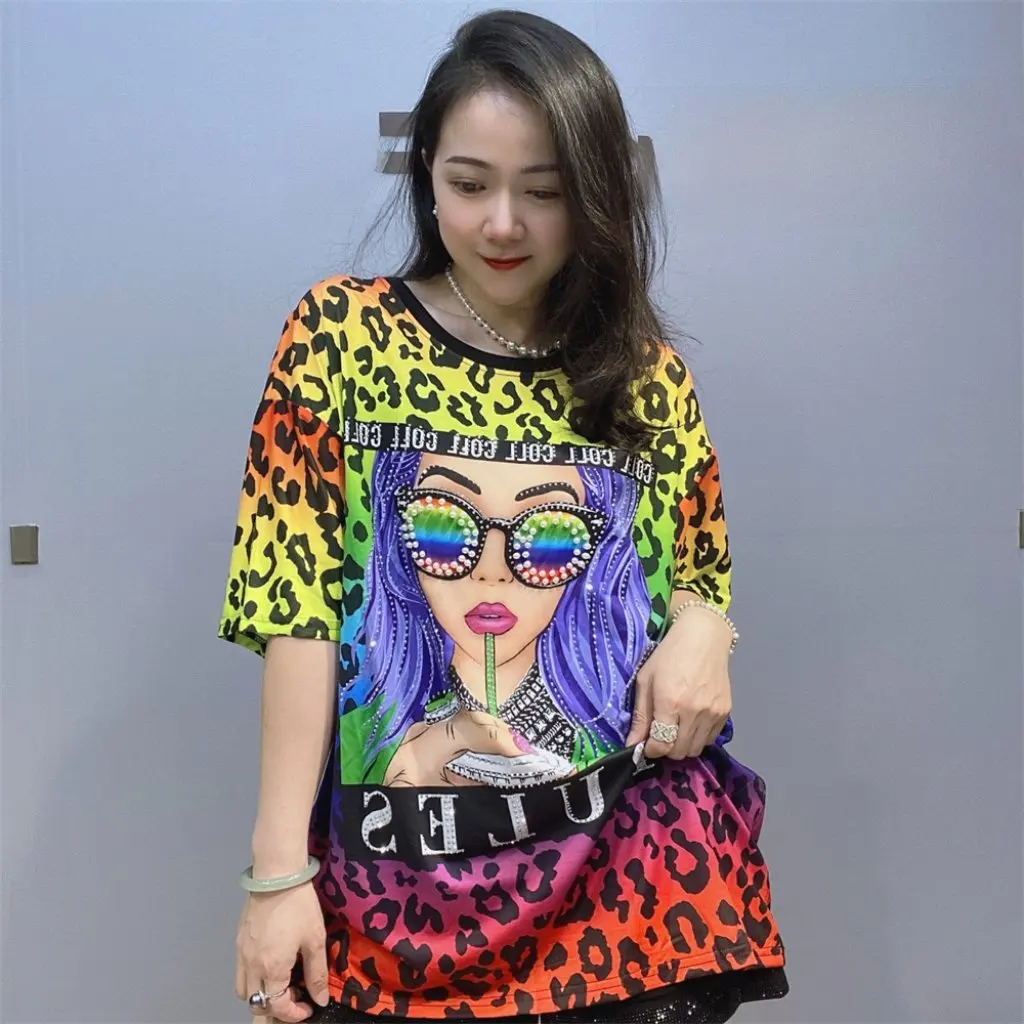 

Women's Cool Cotton Short-Sleeved T-shirt Summer Loose Fit Leopard Beaded Top European American Style