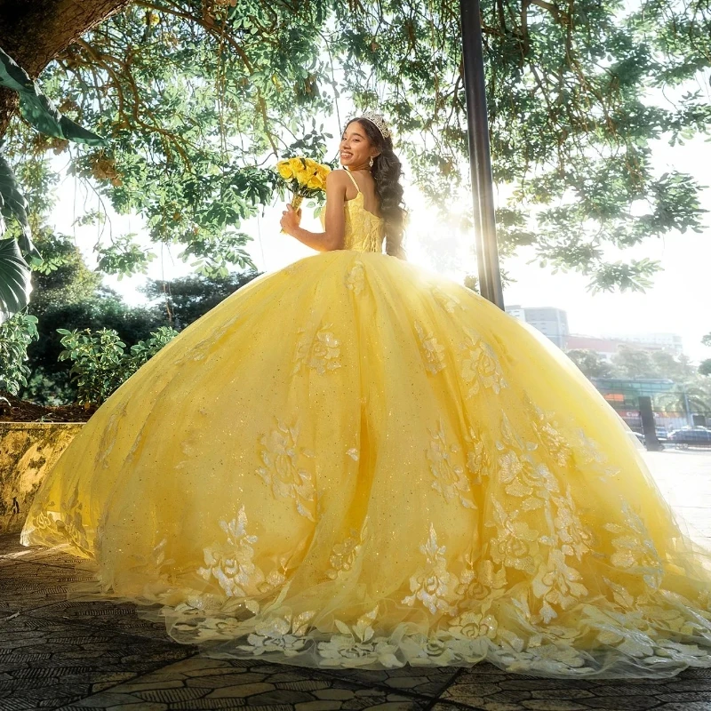 Yellow Shiny Quinceanera Dresses Appliques Lace Tull Off Shoulder Corset Prom Party Gown Sweet 16 Vestidos 15 De XV Anos