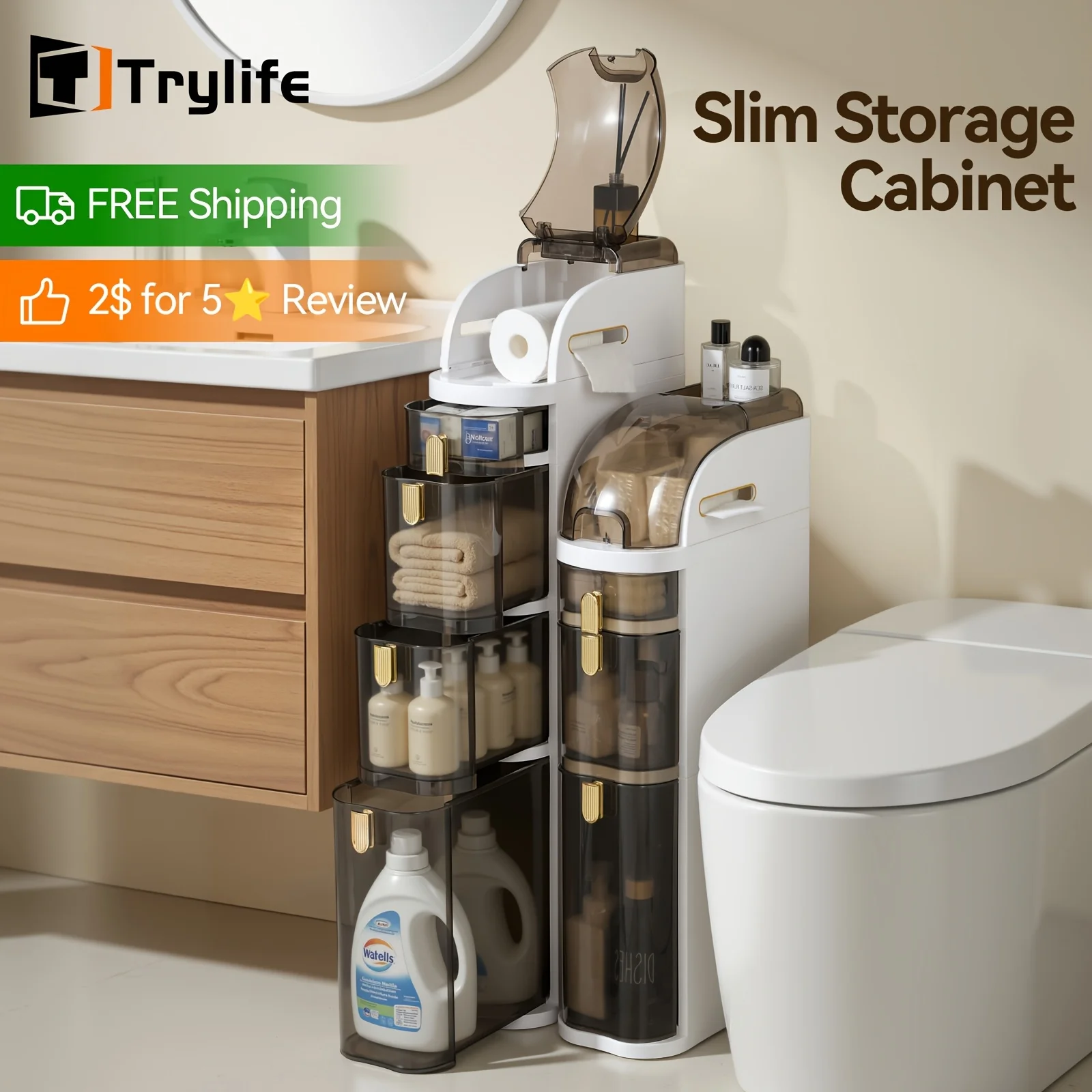 

7.09" Wide Slim Bathroom Storage Cabinet, Fully Assembled Toilet Paper Holder, Waterproof Multipurpose Slide-Out Floor Organizer