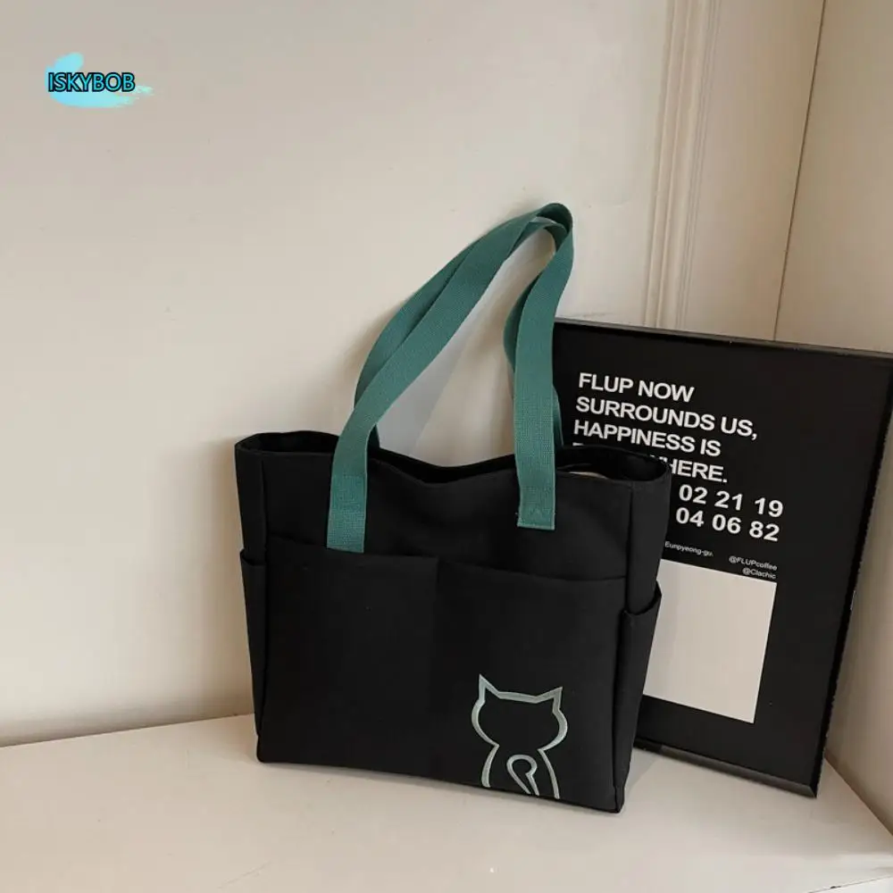 

Casual Nylon Tote Bag Multi-Pocket Korean Style Lightweight Eco Bag Handbag Embroidery Cat Nylon Shoulder Bag Storage Bag