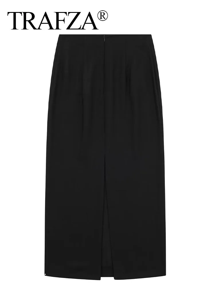 TRAFZA Women Elegant Fashion Black High Waist Midi Skirt With Slit Summer Female Chic Street Zipper Long Skirts Clothing Mujer