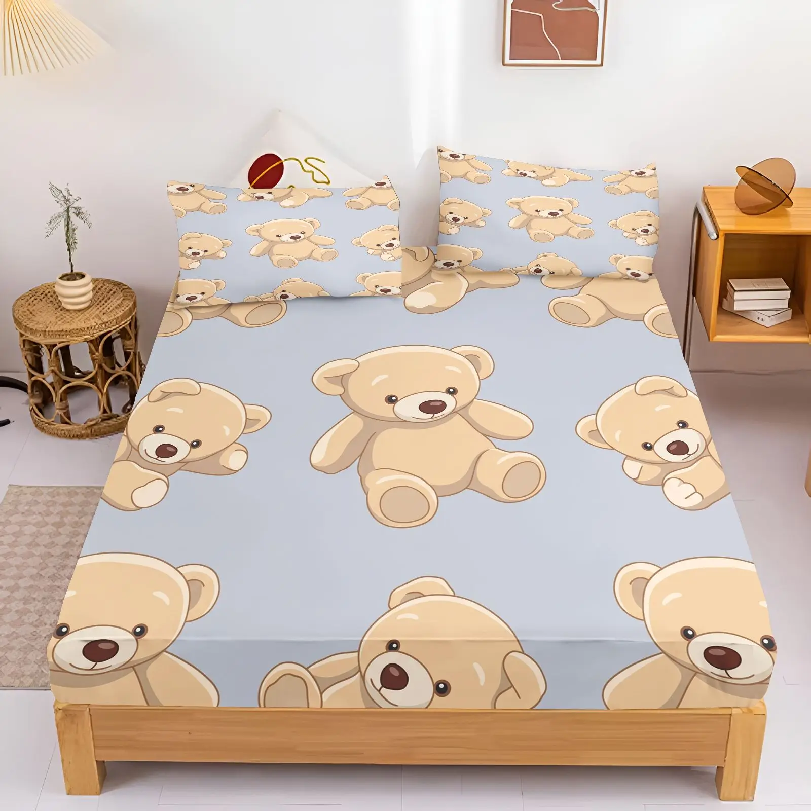 Cute 3D Teddy Bear Fitted Sheet Set White Cartoon Bear Bed Sheet Soft Microfiber Mattress Cover Single Double Bed Linen